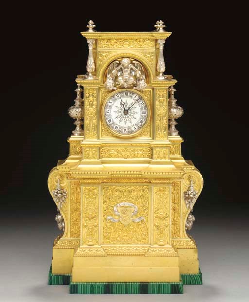 A NAPOLEON III ORMOLU, WHITE-METAL AND MALACHITE MANTLE CLOCK,