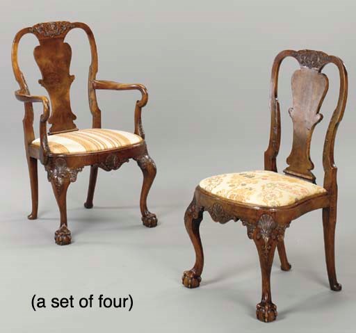 A SET OF FOUR GEORGE II STYLE WALNUT DINING CHAIRS,