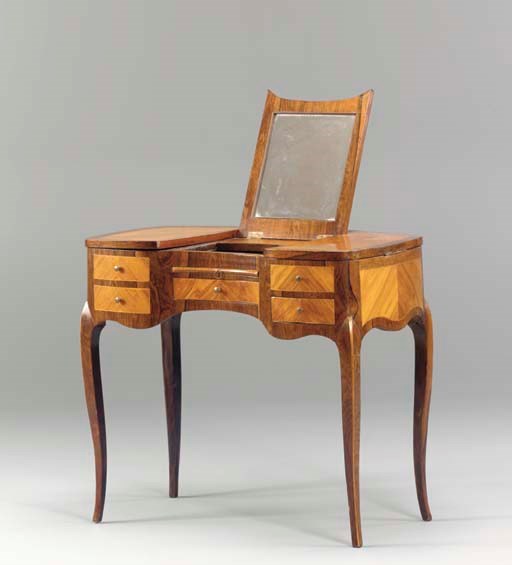 A LOUIS XV STYLE TULIPWOOD AND ROSEWOOD POUDREUSE,