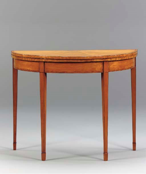 A GEORGE III SATINWOOD, SATINBIRCH AND TULIPWOOD CARD TABLE,