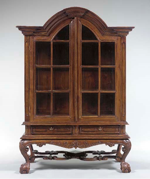 A COLONIAL DUTCH HARDWOOD VITRINE CABINET ON STAND,
