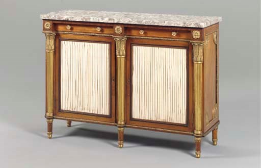 AN ENGLISH ORMOLU-MOUNTED MAHOGANY AND PARCEL-GILT SIDE CABINET,