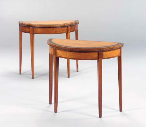 TWO ENGLISH POLYCHROME-DECORATED SATINWOOD CARD TABLES,