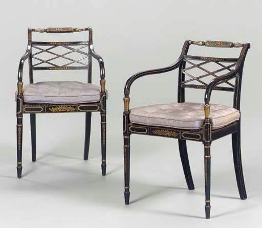 A PAIR OF REGENCY BLACK AND GILT-JAPANNED ARMCHAIRS,