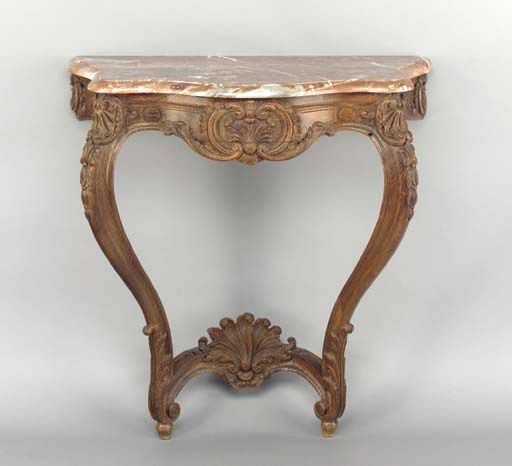 A PAIR OF LOUIS XV STYLE OAK CONSOLES,