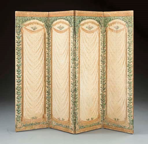 A RESTAURATION POLYCHROME-DECORATED FOUR PANEL PARAVENT,