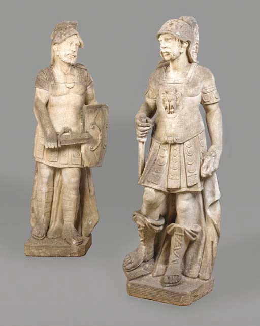 A PAIR OF CONTINENTAL STONE FIGURES OF ROMAN SOLDIERS,