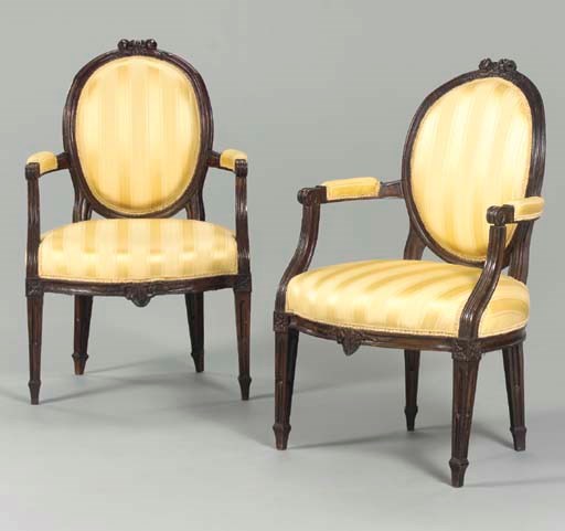 A PAIR OF LOUIS XVI PROVINCIAL STAINTED BEECHWOOD FAUTEUILS,