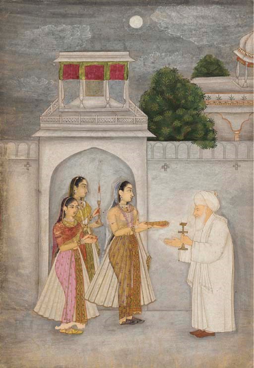 Three Ladies Presenting Offerings to a Holy Man