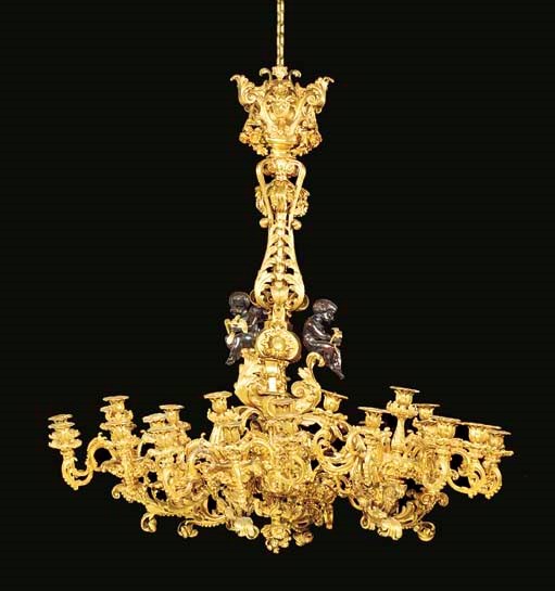 A very large gilt and patinated bronze thirty-six light chandelier