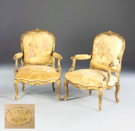 A pair of giltwood and Aubusson tapestry fauteuils a la reine
