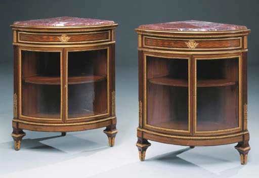 A pair of French ormolu-mounted mahogany and parquetry vitrines
