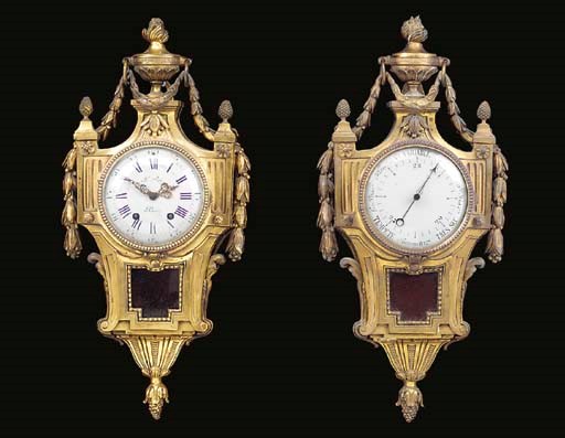 A Napoleon III gilt-bronze cartel clock and matching barometer
