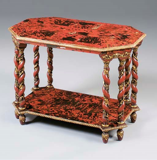 A Belgian parcel-gilt red-painted and tortoiseshell coffee table
