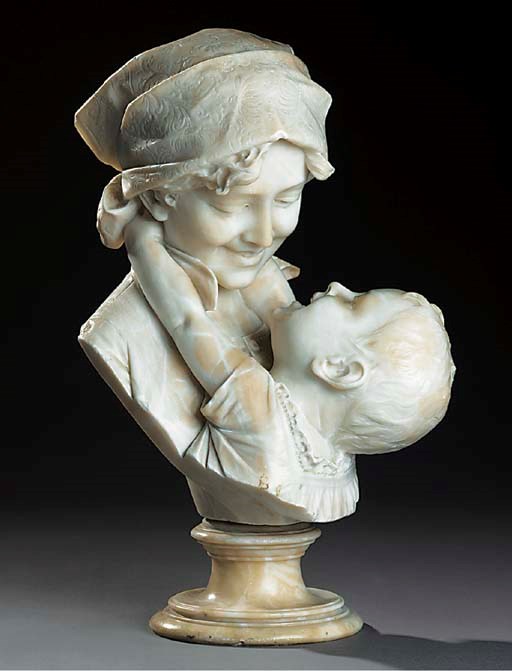 An Italian alabaster bust of a young mother and child