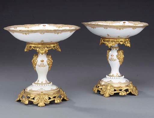 A pair of Russian ormolu-mounted porcelain tazzas