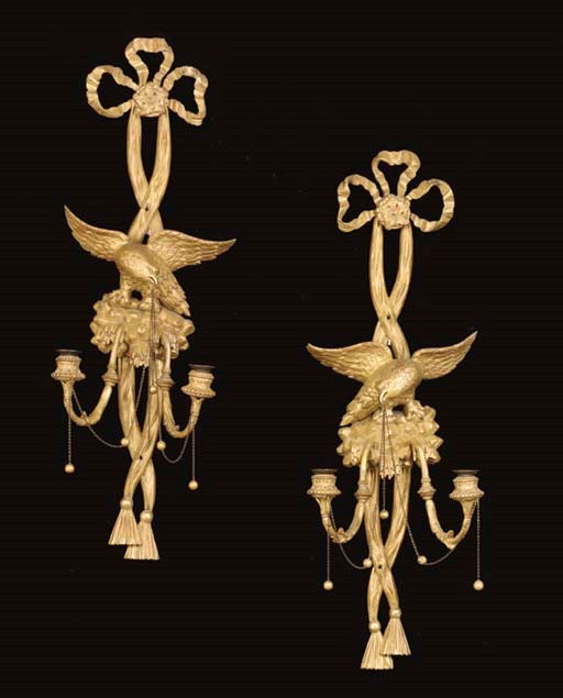 A PAIR OF GEORGE II STYLE GILTWOOD WALL LIGHTS,