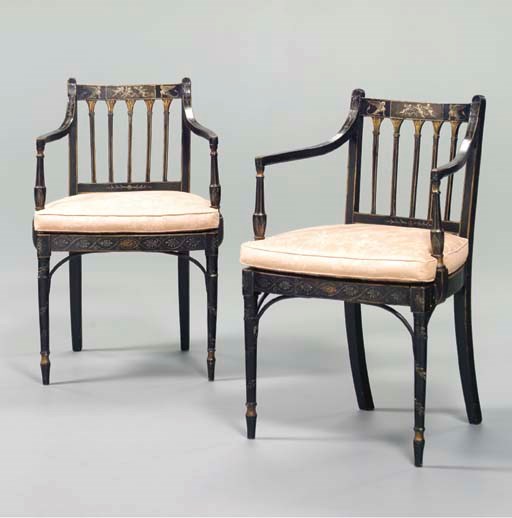 A PAIR OF LATE GEORGE III GREEN-GILT GRISAILLE PAINTED ARMCHAIRS,
