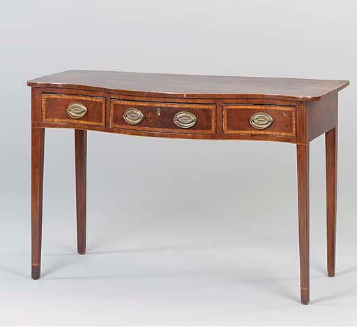 A GEORGE III STYLE INLAID MAHOGANY SERVING TABLE,
