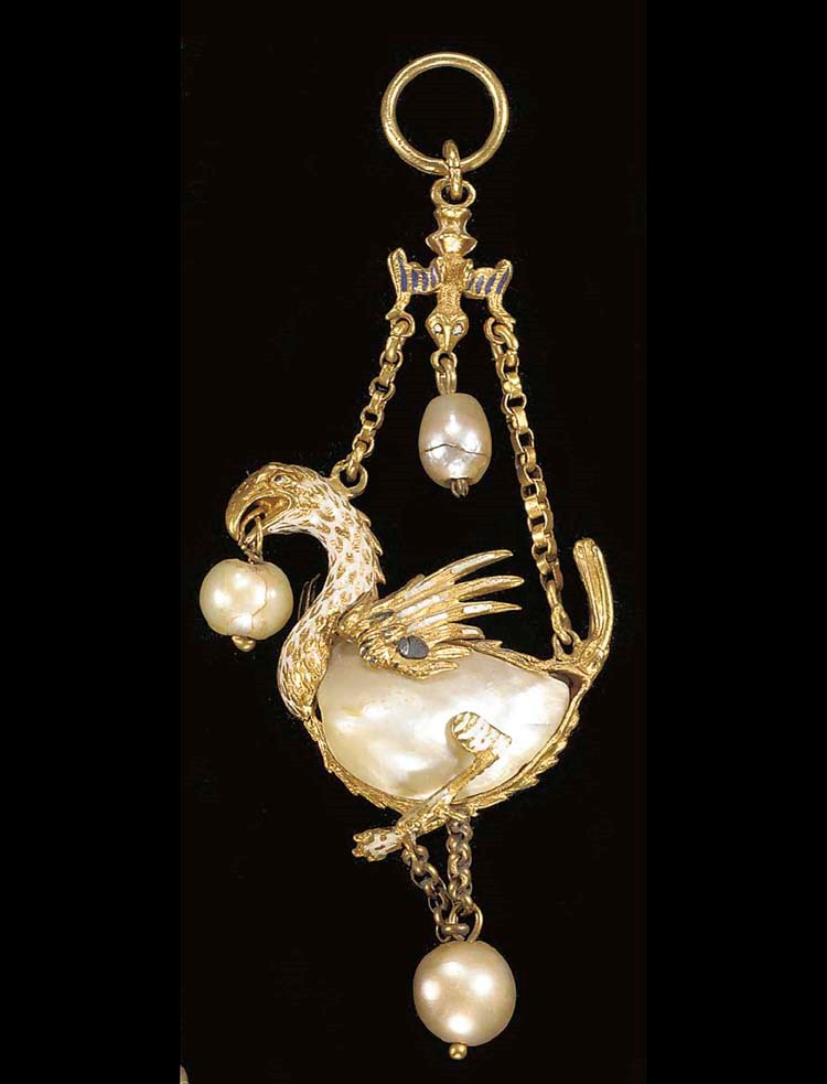 PENDENTIF EN OR EMAILLE ET PERLES