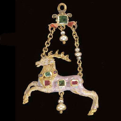 PENDENTIF EN OR EMAILLE, PERLES FINES, RUBIS ET EMERAUDES