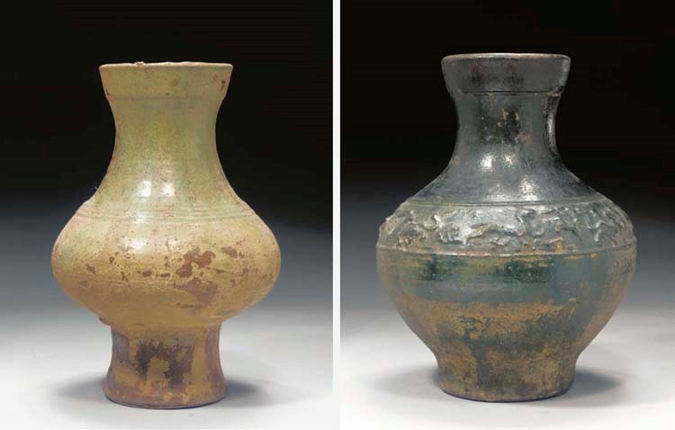 DEUX VASES HU EN TERRE CUITE EMAILLEE