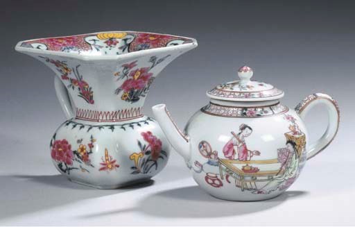 A famille rose spittoon and a teapot