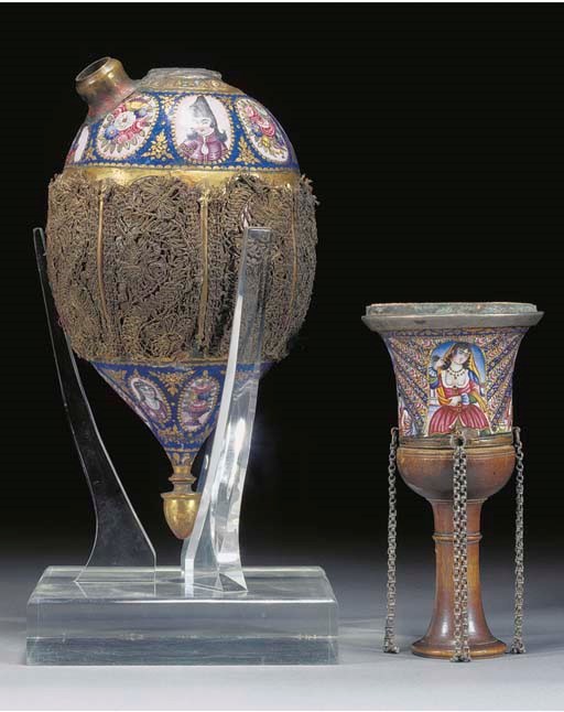 A Persian enamelled and gilt huqqa, possibly Shiraz circa 1840