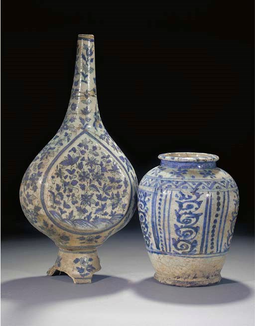 A Persian blue and white bottle vase, Qajar, 19th century