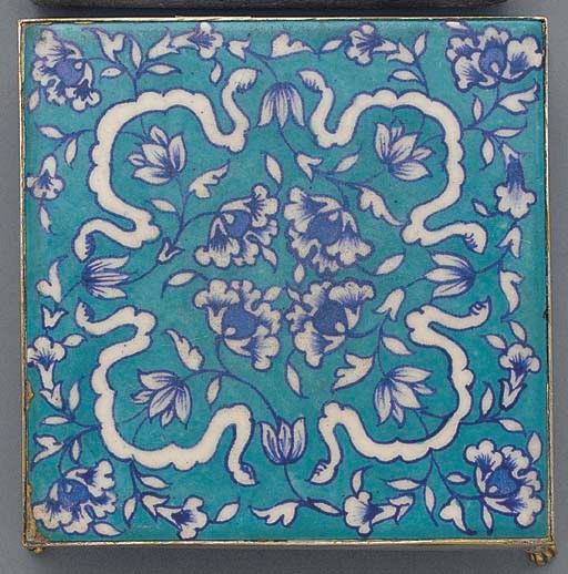 A Sind blue, white and turquoise glazed square pottery tile, 19th century