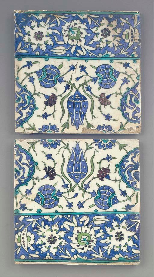Two Damascus square pottery tiles, 17th century