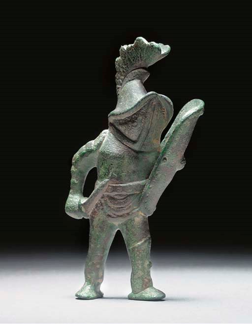 A ROMAN BRONZE FIGURE OF A MURMILLO GLADIATOR