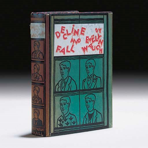 WAUGH, Evelyn (1903-66).  Decline and Fall.  An Illustrated Novelette, London: Chapman & Hall Ltd., 1928. 8° (187 x 120mm). Half title, frontispiece and 5 full-page illustrations by Evelyn Waugh. (A few light spots at lower edges, very minor red ink stain from binding on front endpapers.) Original marbled-effect cloth, spine lettered in gilt, green pictorial dust-jacket with label printed in red on upper wrapper (backstrip and edges very slightly faded, tiny chips at foot of backstrip, small light stain on lower wrapper). A FINE COPY.