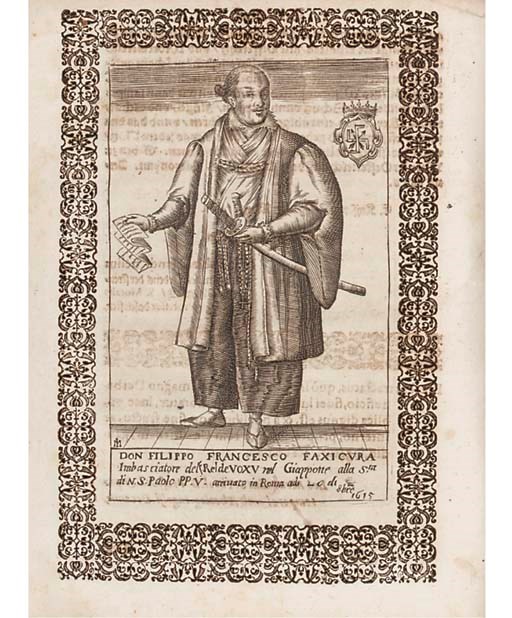 AMATI, Scipione.  Relation und gründtlicher Bericht von dess Königreichs Voxu im Japonischen Keyserthumb, translated by Tobias Hendschel, Ingolstadt: Eder, 1617. Engraved title, full-page engraved portrait. (Title with old manuscript inscription in upper margin and almost erased stamp in lower margin, causing 2 small holes, some spotting or light browning, light marginal waterstaining.) Contemporary boards, covered with an old manuscript leaf in Latin (lightly soiled, lacking ties, front hinges cracked but firmly holding, rear pastedown wormed with a few small wormholes in rear covers).