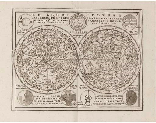CHIQUET, Jacques.  Le nouveau et curieux Atlas geograpgique et historique, Paris: chez Chereamau, [no date, c. 1720]. Small 4° (212 x 148mm). Engraved title, engraved throughout, 3 astronomical diagrams and 24 maps, all but astronomical and celestial maps hand-coloured in outline. (Title with repair on verso caused by erased ?stamp, one astronomical diagram with repair on verso and small part supplied in facsimile, light marginal spotting.) Contemporary mottled calf (upper compartment of spine partly chipped away, tail of spine torn, rubbed). Provenance: D.J. Vriesen (ownership inscription on endpaper) -- bookplate.