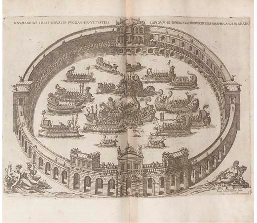 [LAFRERI, Antonio (1512-1577).  Speculum Romanae Magnificentiae, Rome:] Joannes Orlandi (and others), plates dated 1582-1602 . 2° (407 x 280mm.). Double-page engraved map of Rome and 100 double-page or folding plates of Roman architecture, monuments, statues, obelisks, reliefs etc. by Lafréry, Duchet and others, a few plates extracted from a later work laid down at the end. (Without the engraved title published in 1575, some plates torn and repaired, some staining and fraying). Later calf-backed boards (worn). Provenance: copious early annotation on pastedowns.