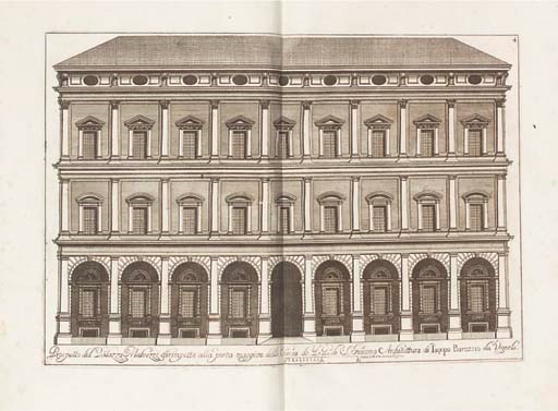 LANDI, Giuseppe Antonio (1713-91).  Racolta di alcune facciate di palazzi e cortili de più riguardevoli di Bologna, Bologna: nella Stamperia di Lelio dalla Volpe, [1750]. 2° (400 x 292mm). Engraved title, 30 double-page plates on 29 sheets, an additional folding engraved plate by Giuseppe Benedetti, dated 1747, bound in at end. (Title and some plates spotted.) Later half calf, sprinkled edges (corners bumped, extremities rubbed or chipped).
