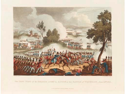The Martial Achievements of Great Britain and Her Allies; from 1799 to 1815, London: printed for James Jenkins, [1814-15]. 4° (361 x 280mm). Title with etched vignette. Additional hand-coloured engraved title. Dedication to the Duke of Wellington with coloured coat-of-arms and 51 hand-coloured aquatinted plates. (Occasional light scattered spotting). Contemporary red straight-grained morocco (lightly rubbed).