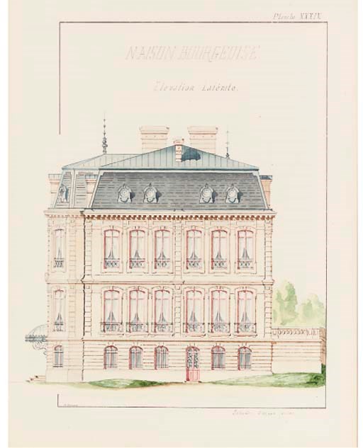 MONNOT, Henri.  "Architecture," [n.p.]. An oblong 4° (290 x 402mm.) album comprising pen-and-ink architectural title, table, additional pen-and-ink and watercolour title and 46 original watercolour architectural views and plans. Contemporary morocco-backed paper-covered boards gilt (rubbed).