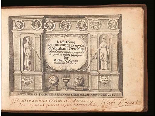 ORTELIUS, Abraham (1527-98).  L'Epitome du Theatre de l'Univers, Antwerp: Johannes Keerbergen, 1602. 2 parts in one volume, oblong 8° (121 x 170mm).  Engraved title, 123 engraved maps by Ferdinand and Ambrosius Arsenius, one hand-coloured, 2 diagrams in the text. (Lightly browned throughout, occasional small stains, one headline shaved, outer margin with wormhole towards the end.) Old-style calf. Provenance: 2-line manuscript inscription in Latin (lower margin of title).