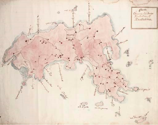 ST. BARTHELEMY -- Charta Öerna van till Sverige hörrande Om St Bartholome, [c.1785]. Manuscript map of the island of St Barthélemy and smaller islands belonging to Sweden, in the Leeward Islands of the Lesser Antilles, oriented to the South, brown ink and blue and pink wash on paper watermarked 'C & I Honig', 463 x 585mm, place names supplied in French, settlements shown in red, roads and sandbanks marked in brown ink. (A few minor marginal tears, some light marginal dampstaining.) Rolled.