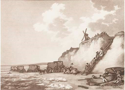 WIGSTEAD, Henry & Thomas ROWLANDSON (1756-1827).  An Excursion to Brighthelmstone, Made in the Year 1789, London: for G. G. J. and J. Robinson, 1790. Oblong 4° (330 x 470mm.). 8 sepia aquatint plates by Thomas Rowlandson and tinted by Henry Alken. (Some light mainly marginal spotting and browning, some margins strengthened or repaired, preliminary blank torn and repaired.) 19th-century red half morocco (rebacked preserving original spine, stained, a few scratches). Provenance: Edward Henry Hill (armorial bookplate). Abbey Scenery 54.