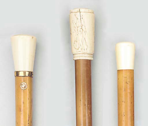 A Victorian ivory and gilt metal mounted malacca walking stick