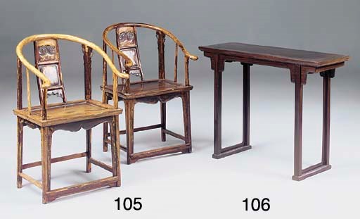 A PAIR OF LACQUERED SOFTWOOD HORSESHOE BACK ARMCHAIRS