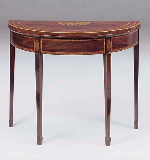 A MAHOGANY AND TULIPWOOD CROSSBANDED DEMI-LUNE CARD TABLE