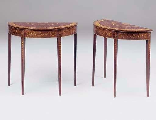 A PAIR OF EDWARDIAN MAHOGANY SATINWOOD CROSSBANDED AND MARQUETRY DEMI-LUNE PIER TABLES
