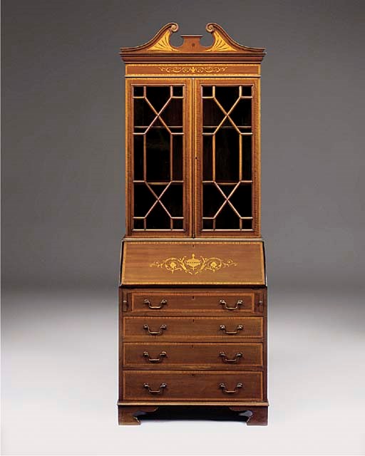 AN EDWARDIAN MAHOGANY SATINWOOD CROSSBANDED AND MARQUETRY BUREAU BOOKCASE