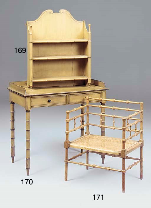A VICTORIAN PAINTED FAUX BAMBOO HANGING WALL SHELF