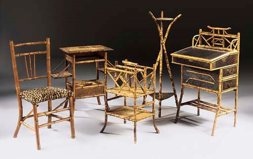 A Group of French Japonaiserie bamboo, lacquer and rattan