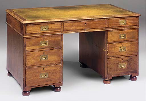 A VICTORIAN MAHOGANY CAMPAIGN PEDESTAL DESK